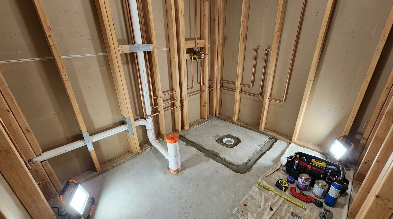 Bathroom rough-in plumbing during remodel by Johns Plumbing LLC in Terre Hill