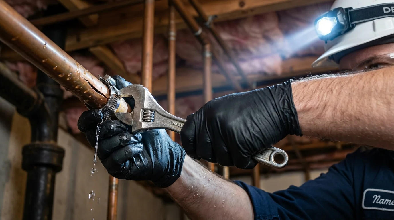 Emergency pipe clamp repair being performed by a Johns Plumbing LLC plumber in Terre Hill